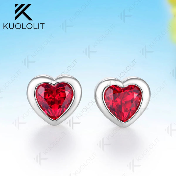Kuololit 1.6CTW Lab Grown Ruby Stud Earrings for Women Solid 14K 10K Yellow Gold Heart Cut Earrings for Christmas Gifts Party