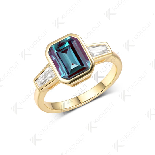 Kuololit 3CT Lab Grown Alexandrite Moissanite Ring for Women Solid 14K 10K 585 Yeollw Gold Emerald Cut Ring for Christmas Gifts