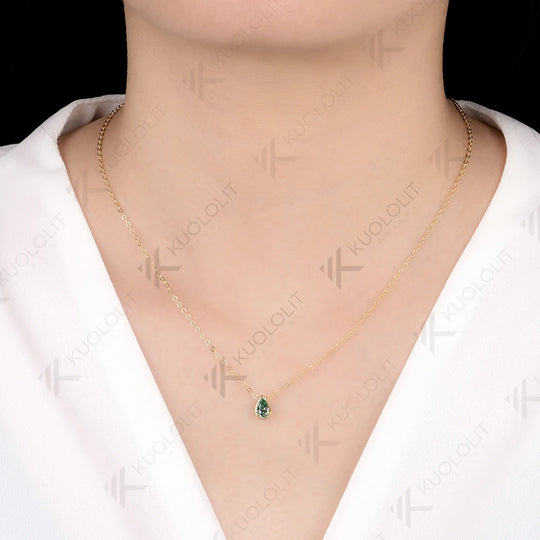Kuololit 0.5CT Cyan Pear Moissanite Necklace for Women Men Solid 585 14K 10K Yellow Gold Pear Chain for Engagement Christmas