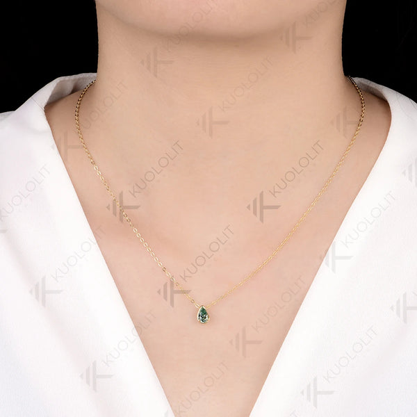 Kuololit 0.5CT Cyan Pear Moissanite Necklace for Women Men Solid 585 14K 10K Yellow Gold Pear Chain for Engagement Christmas