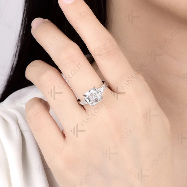 Kuololit 3.5CT Asscher Cut Cyan Moissanite Ring for Women Solid 14K 10K 585 White Gold for Engagement Wedding Christmas Gifts Party