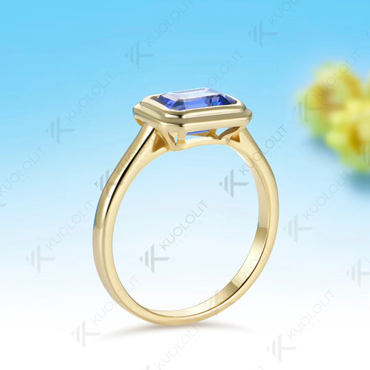 Kuololit 3CT Lab Grown Sapphire Bezel Set Ring for Women Solid 14K 10K585 Yellow Gold Engagement Ring for Christmas Gift Party