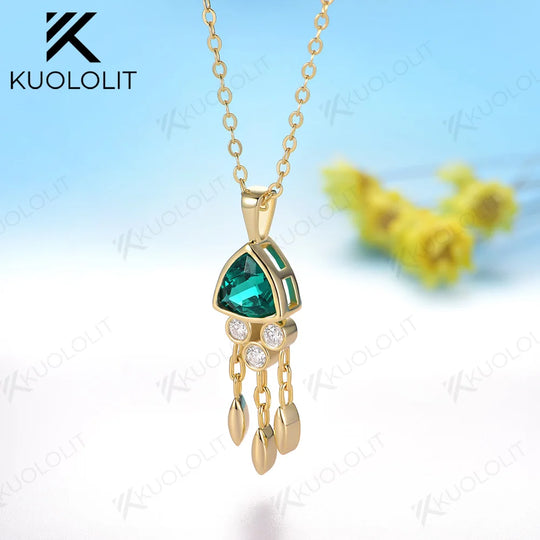 Kuololit 1.2CT Lab Grown Emerald Jellyfish Necklace for Women Solid 18K 14K 10K 585 Yellow Gold Moissanite Pendant for Christmas