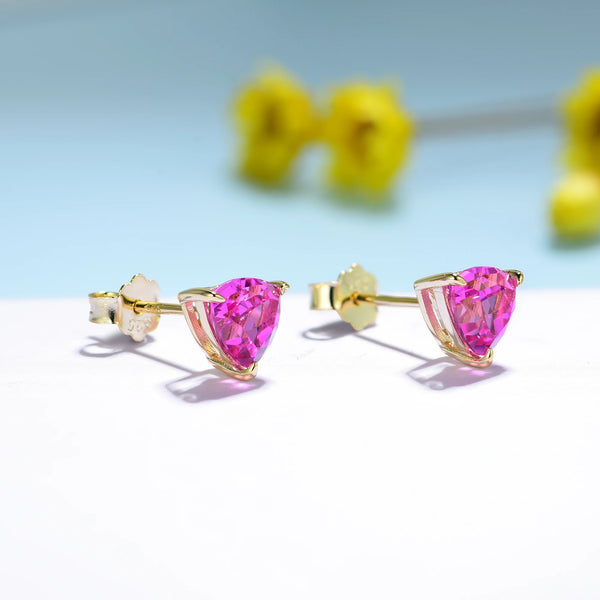 Kuololit 2.4CTW Lab Grown Padparadscha Gemstone Earrings for Women Pure 18K 14K 10K Gold Stub Trillyon Earrings for Anniversary