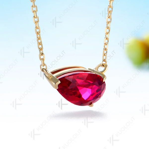 Kuololit 2.5CT Lab Grown Ruby Necklace for Women Solid 585 14K 10K Yellow Gold Pear Cut Custom Necklace for Christmas Gifts