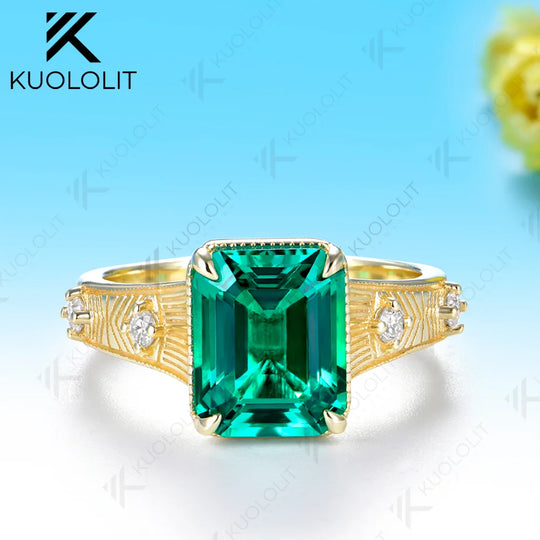 Kuololit Lab Grown Emerald Diamond Ring for Women Men Solid 14K 10K 585 Yellow Gold for Engagement Anniversary Christmas Gifts