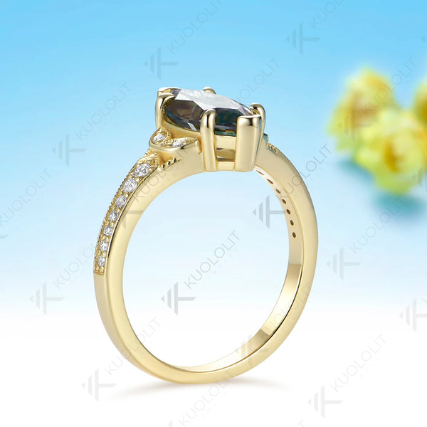 Kuololit 2CT Grey Moissanite Custom Ring for Women Solid 14K 10K 585 Yellow Gold Marquise Cut for Christmas Gifts Engagement