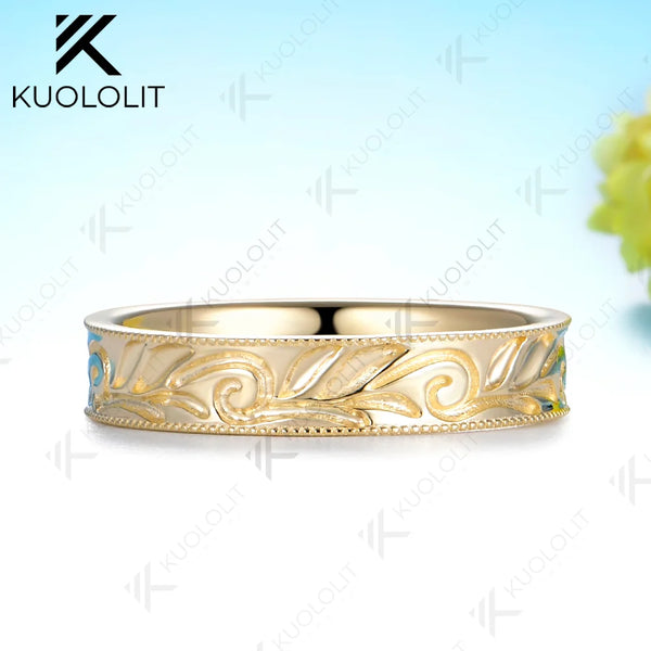 Kuololit Leaves 4MM Band Custom Ring for Women Solid 14K 10K Yellow Gold Wedding Band Ring for Christmas Gifts Party Anniversary