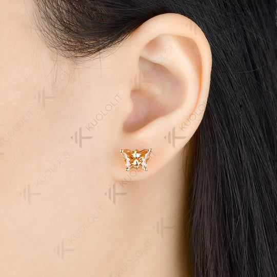 Kuololit 4CTW Butterfly Champagne Moissanite Clip Earring for Women Solid 14K 10K Yellow Gold Earring for Christmas Gift Party