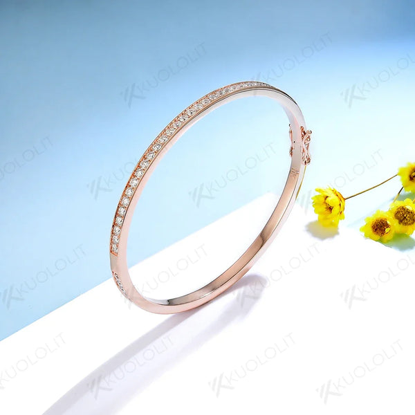 Kuololit Moissanite Bangle for Women Solid 10K Rose Gold D VVS1 Oval Shaped Moissanite Bracelet for Engagement Trendy Gift
