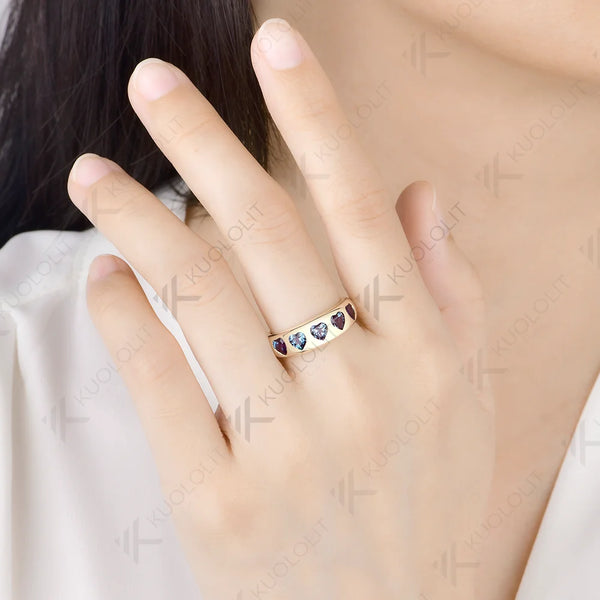 Kuololit 1.5CTW Lab Grown Alexandrite Wedding Band Custom Ring for Women Solid 14K 10K 585 Yellow Gold for Christmas Gifts Party
