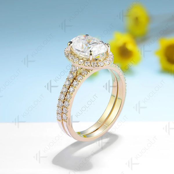 Kuololit 3CT Oval Cut Moissanite Set Ring for Women Solid 18K 14K 10K 585 Yellow Gold Band for Engagement Wedding Christmas