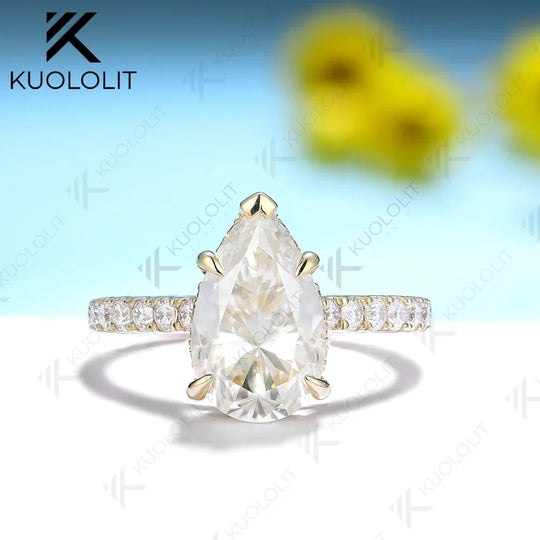 Kuololit 4CT Pear Cut Moissanite 14K 10K 585 Yellow Gold Rings for Women Pear D/VVS Moissanite Luxury Ring for Engagement Trends