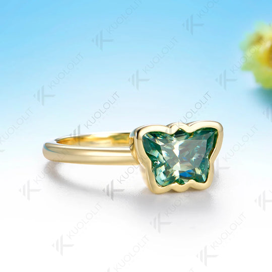 Kuololit 2CT Butterfly Cyan Moissanite Ring for Women Solid 14K 10K Yellow Gold Animal Cut Engagement for Christmas Gifts Party