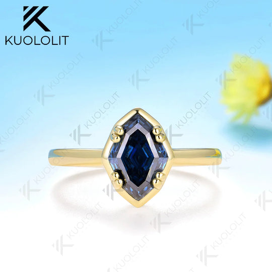Kuololit 2CT Original Blue Moissanite Olive Shape Ring for Women Solid 14K 10K Yellow Gold Engagement Ring for Christmas Gifts