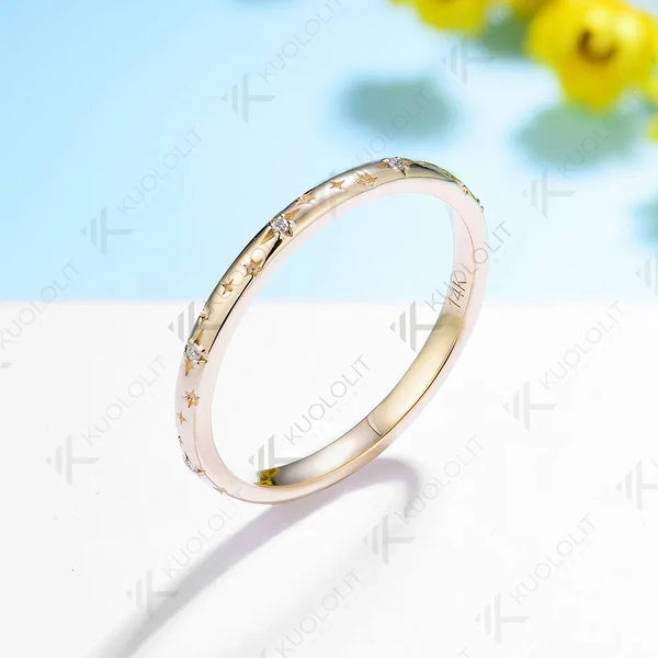 Kuololit Moissanite Band Rings for Women Men Solid 18K 14K 10K 925 Silver Yellow Gold Star Carving for Anniversary Engagement