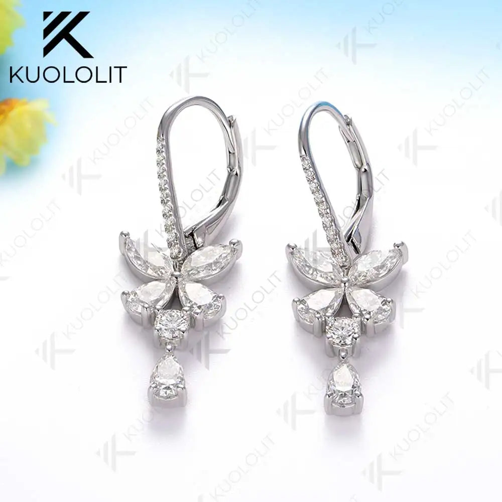 Kuololit Moissanite Hoop Earrings for Women Solid 14K 10K 585 Yellow Gold Marquise Cut Clip Earring for Christmas Gifts Luxury