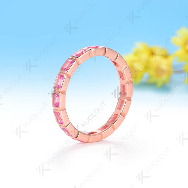 Kuololit 2.4CTW Lab Grown Pink Sapphire Ring for Women Solid 14K 10K 585 Rose Gold Bezel Wedding Band Ring for Christmas Gifts