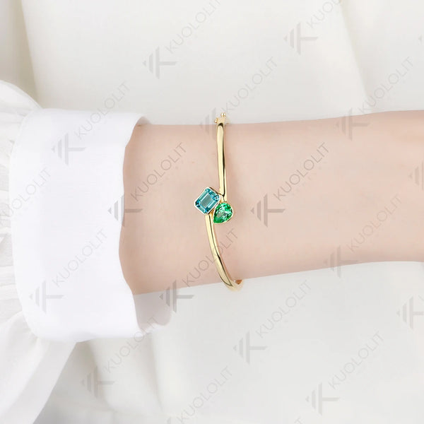 Kuololit 3.5CTW Mint Green Sapphire Paraiba Custom Bangle for Women Solid 10K Yellow Gold for Engagement Trendy Christams Gifts