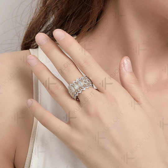 Kuololit Moissanite Band Rings for Women Men Solid 18K 14K 10K 925 Silver Two Tone Color Yellow Gold  for Anniversary Engagement