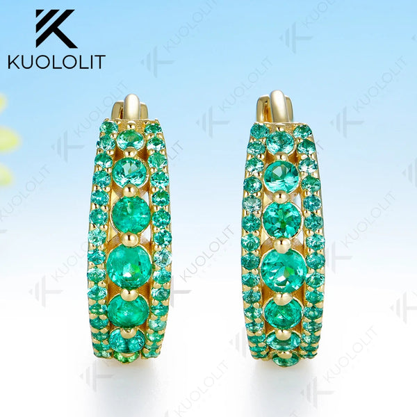 Kuololit 1CTW Lab Grown Emerald  Hoop Earrings for Women Solid 14K 10K Yellow Gold Earrings for Christmas Gift Party Jewelry