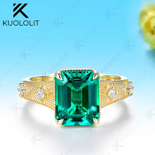 Kuololit Lab Grown Emerald Diamond Ring for Women Men Solid 14K 10K 585 Yellow Gold for Engagement Anniversary Christmas Gifts