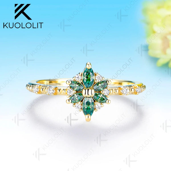 Kuololit 0.5CTW Cyan Moissanite Marquise Engagement Ring for Women Solid 14K 10K 585 Yellow Gold Flower Wedding Band for Christmas Jewelry