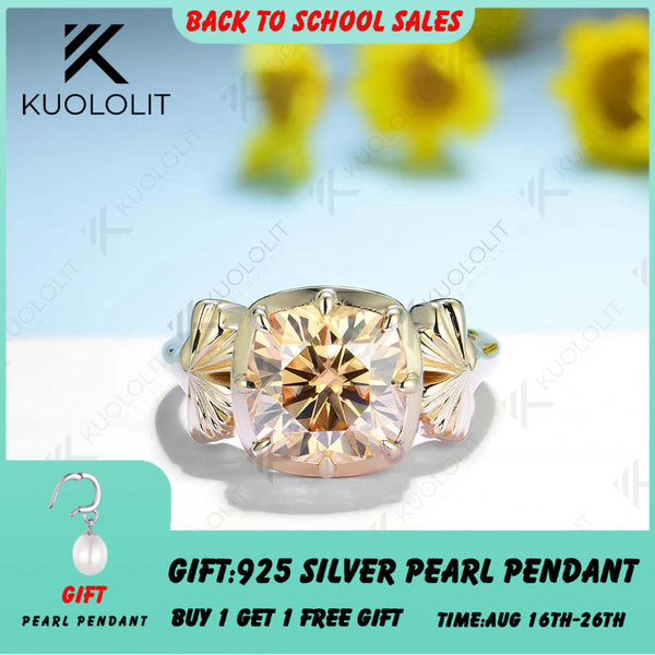 Kuololit 3.5ct Champagne Moissanite Ring for Women 585 14K 10K Yellow Gold Cushion Solitaire Halo Ring for Engagement Christmas