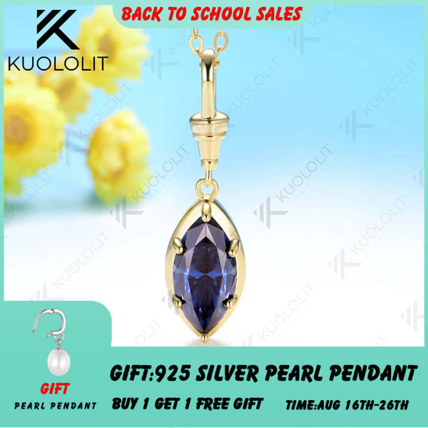 Kuololit 2CT Blue Cyan Moissanite Marquise Necklace for Women 14K 10K 925Sliver Yellow Gold Pendant with Chain for Party Classic Gift