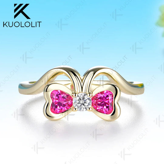 Kuololit 0.7CTW Lab Pink Sapphire Diamonds Heart Custom Ring for Women Solid 14K 10K 585 Yellow Gold for Christmas Gifts Party