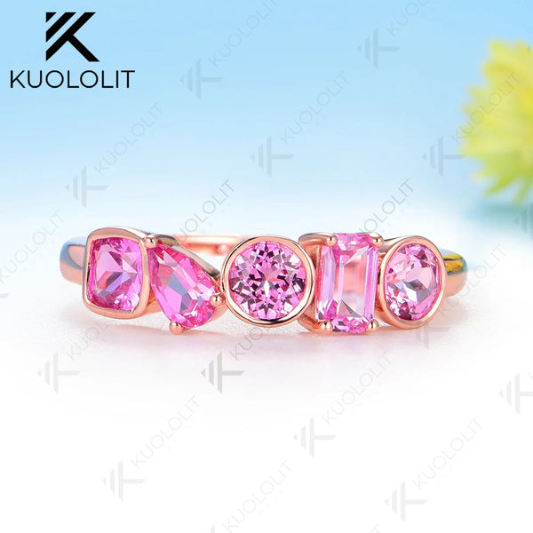 Kuololit 1.7CTW Lab Grown Pink Sapphire Ring for Women Solid 14K 10K 585 Yellow Gold Eternity Half Band for Christmas Gift Party