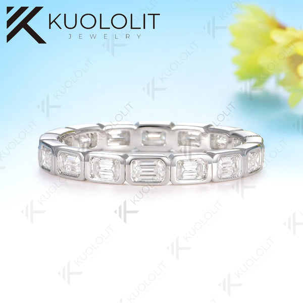 Kuololit 2.4CTW Moissanite Ring for Men Women Soild 14K 10K White Gold Bezel Set Emerald Cut Wedding Band for Christmas Gifts