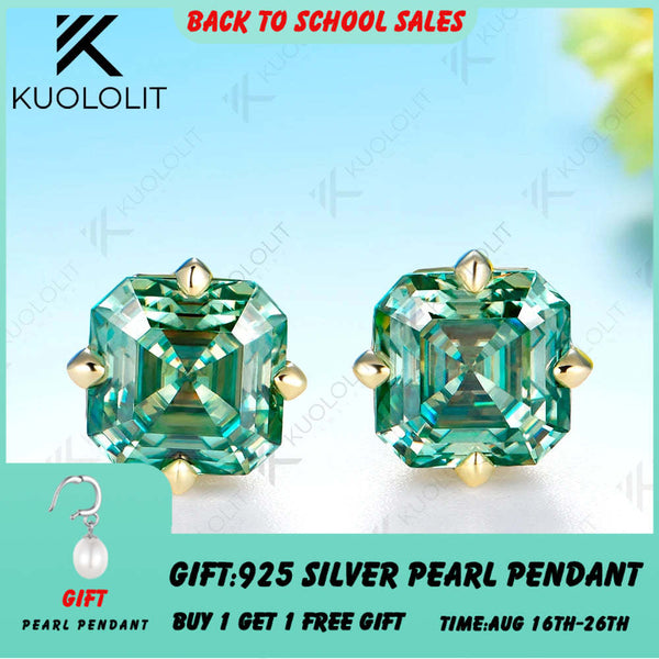 Kuololit 4CTW Asscher Cut Cyan Moissanite Stud Earrings for Women Solid 14K 10K 585 Gold Earrings for Engagement Wedding Christmas