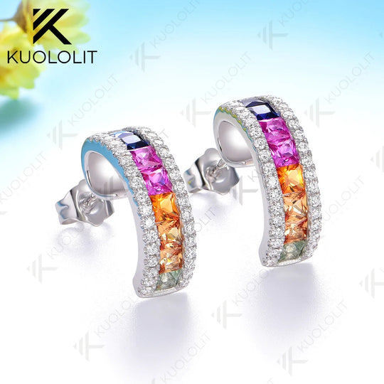 Kuololit 2.8CTW Lab Grown Rainbow Sapphire Stud Earrings for Women Solid 14K10K 585 White Gold Luxury Earring for Christmas Gift