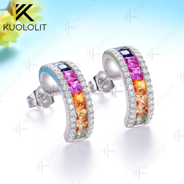 Kuololit 2.8CTW Lab Grown Rainbow Sapphire Stud Earrings for Women Solid 14K10K 585 White Gold Luxury Earring for Christmas Gift