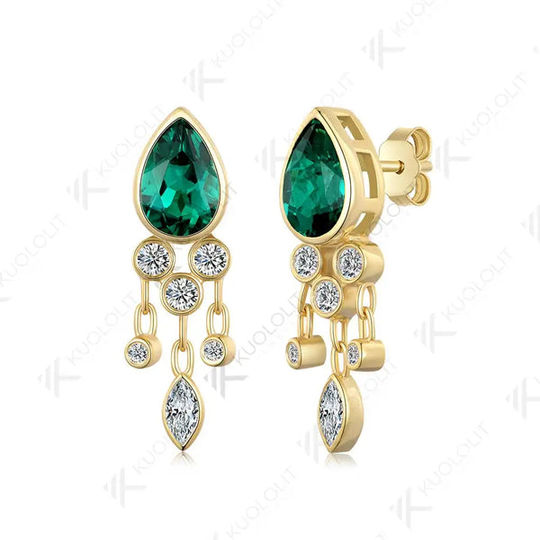 Kuololit 3CTW Lab Grown Emerald with Moissanite Stud Earrings for Women Solid 14K 10K 585 Gold Jellyfish Earrings for Christmas