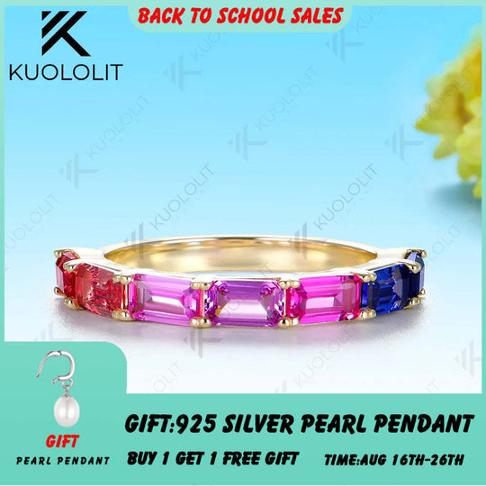Kuololit Lab Grown Sapphire Gemstone Colorful Custom Ring for Women Solid 14K 10K  Yellow Gold Eternity Half Band for Christmas