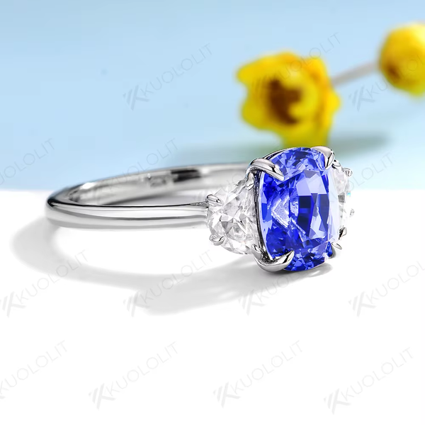 Kuololit 3CT Lab Blue Sapphire Engagement Ring for Women Solid 18K 14K 10K 585 Gold Half Moon Moissanite Ring for Christmas Gift