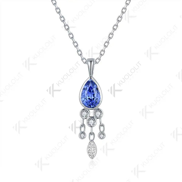 Kuololit 1.6CT Lab Grown Blue Sapphire and Moissanite Necklace for Women Solid 18K 14K 10K 585 Yellow Gold Pendant for Christmas