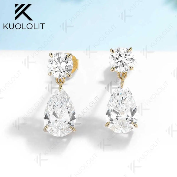 Kuololit 4CTW Moisssanite Stub Earrings for Women Solid 18K 14K 10K 585 Yellow Gold Pear Cut Clip Earring for Christmas Gift
