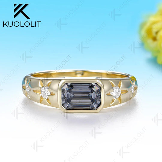 Kuololit 1CT Grey Moissanite Emerald Cut Custom Ring for Women Solid 14K 10K Yellow Gold Engagement Ring for Christmas Party