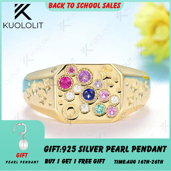 Kuololit 0.21CTW Lab Grown Pink Sapphire Emerald Gemstone Ring for Women Solid 14K 10K 585 Yellow Gold for Christmas Gifts Party