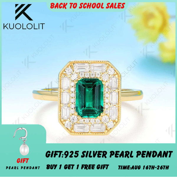 Kuololit 1ct Lab Grown Emerald Moissanite Ring for Women Solid 14K 10K 585  Yellow Gold Engagement Ring for Christmas Gift Party