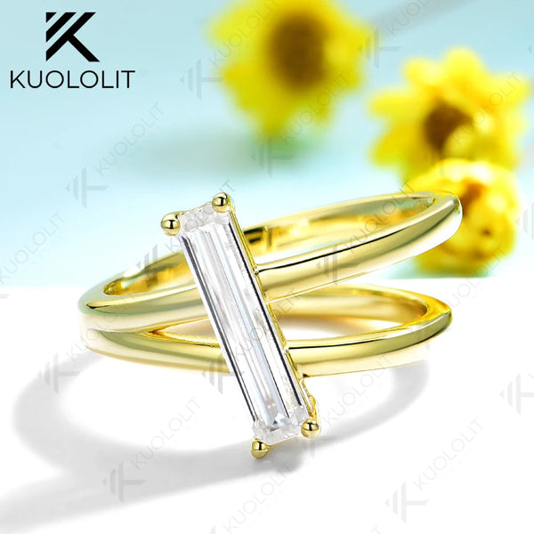 Kuololit 1CT Long Trapezoid Cut Mossanite D/VS1 Rings for Women Solid 14K 10K Gold Wedding Band for Anniversary Christmas Gift