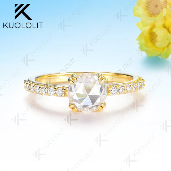 Kuololit 1.2CT Rose Cut Round Moissanite Ring for Women Solid14K10K 585 Yellow Gold Engagement Ring for Anniversary Christmas