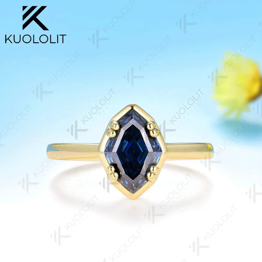 Kuololit 2CT Original Blue Moissanite Olive Shape Ring for Women Solid 14K 10K Yellow Gold Engagement Ring for Christmas Gifts