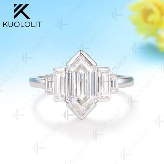 Kuololit 2.5CT Elongate Hexagon Cut Moissanite Ring for Women Solid 14K 10K 585 White Gold  for Christmas Gifts Engagement Party