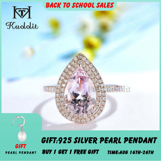 Kuololit 3CT Natural Morganite Gemstone Ring for Women Solid 18K 14K Rose Gold Pear 8*12mm Ring for Engagement Party Birthstone