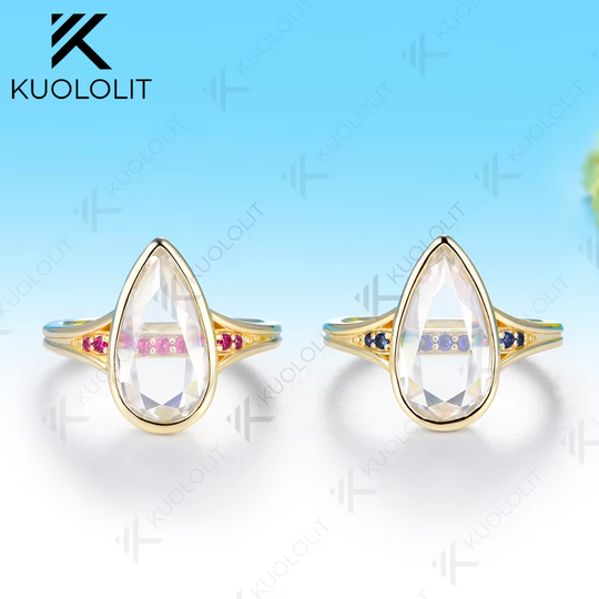 Kuololit 4CT Unique Portrait Pear Cut Moissanite Ruby or Sapphire RCustom Ring for Women Solid 14K 10K Yellow Gold for Engagement Christmas