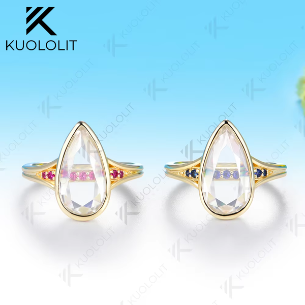 Kuololit 4CT Unique Portrait Pear Cut Moissanite Ruby or Sapphire RCustom Ring for Women Solid 14K 10K Yellow Gold for Engagement Christmas